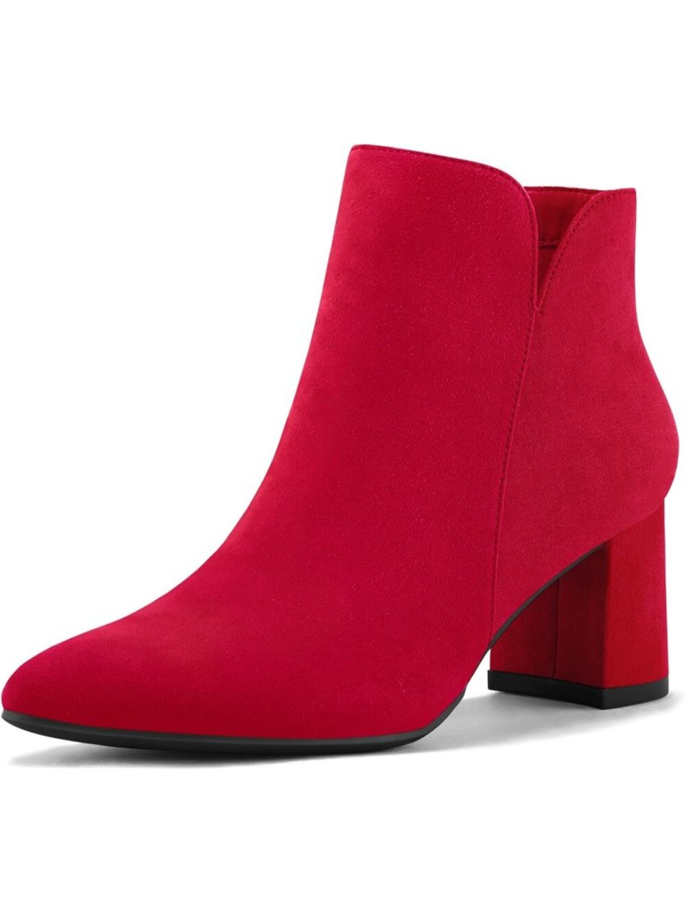 Women's Red Suede Casual Chunky Block Heel Pointed Toe Side Zipper Ankle Boots